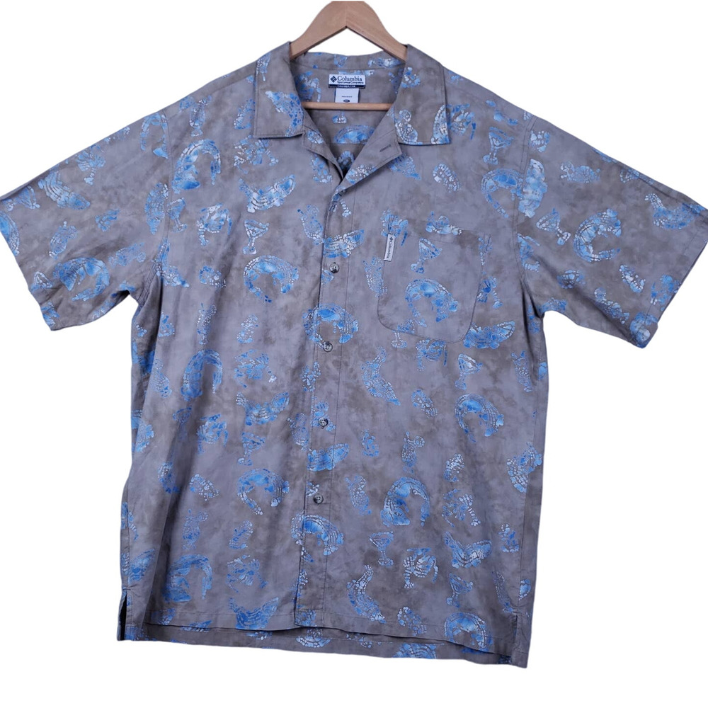 Columbia Men's Short Sleeve Button Up Shirt XXL Brown w/ Blue Drinks & Fish AOP